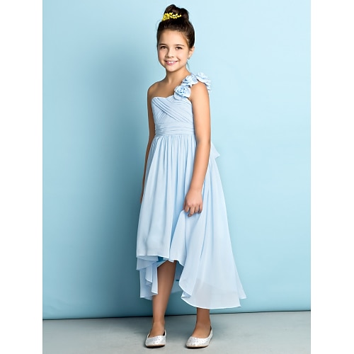 

A-Line Asymmetrical One Shoulder Chiffon Junior Bridesmaid Dresses&Gowns With Criss Cross Wedding Party Dresses 4-16 Year