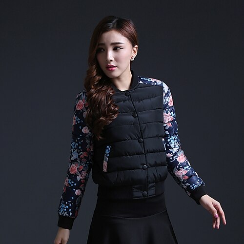 

Padded Puffer Jacket Winter Regular Coat Jacket Long Sleeve Print Patchwork Black / Lined