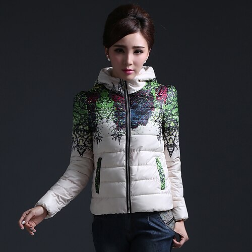 

Padded Puffer Jacket Winter Regular Coat Hooded Jacket Long Sleeve Print Patchwork Cream Dark Pink Blue / Lined