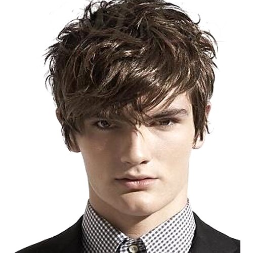 Synthetic Wig Wavy Wavy With Bangs Wig Short Brown Synthetic Hair Men's Side Part Brown
