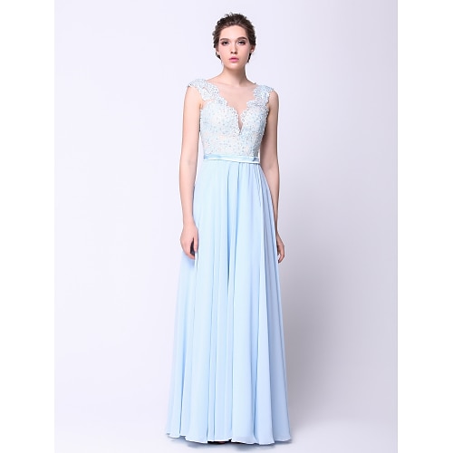 

Ball Gown Open Back Dress Holiday Floor Length Sleeveless Plunging Neck Chiffon with Beading Appliques 2022 / Cocktail Party / Formal Evening