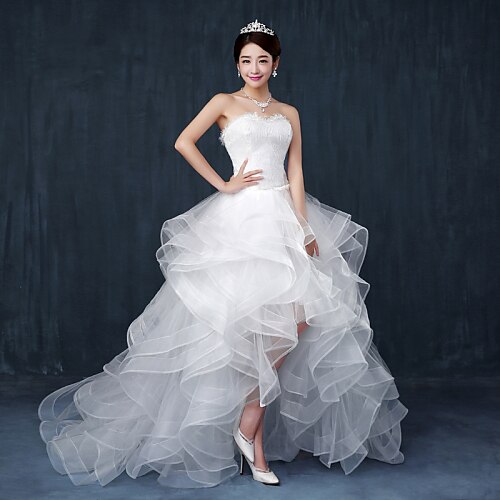 Ball Gown Sweetheart Neckline Asymmetrical Tulle Over Lace Made-To-Measure Wedding Dresses with Beading / Ruffle by / Open Back