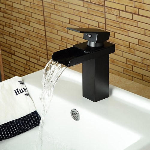 

Bathroom Sink Faucet,Waterfall Oil-rubbed Bronze Centerset Widespread Single Handle One Hole Bath Taps with Hot and Cold Switch