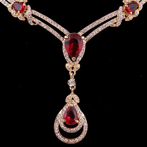Digabi Elegant Gold Plated Jewelry Sets with Great Red Zirconia Earrings & Necklace