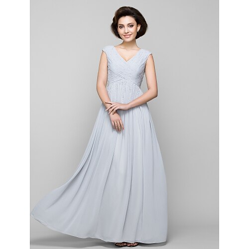 

A-Line Mother of the Bride Dress Elegant V Neck Floor Length Chiffon Sleeveless with Criss Cross Beading 2022