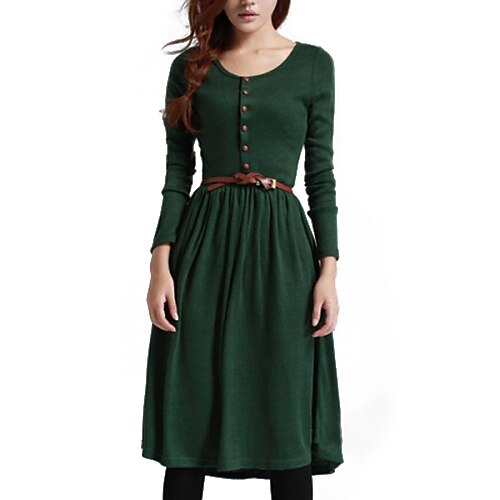 Women's Solid Black / Green Dress , Casual / Cute Long Sleeve