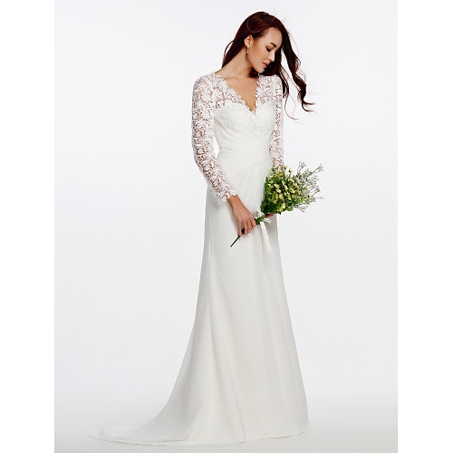 

Sheath / Column Wedding Dresses V Neck Sweep / Brush Train Chiffon Floral Lace Long Sleeve Romantic Boho Little White Dress Illusion Sleeve with Lace Buttons Criss-Cross 2022