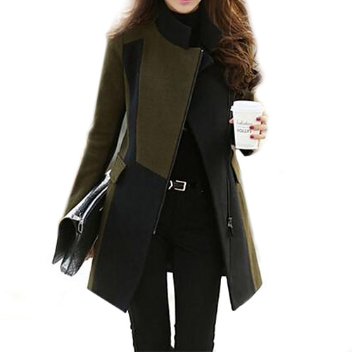 Women's Patchwork Army Green Trend Coat,Stylish Long Sleeve Wool Blends/Nylon Zipper