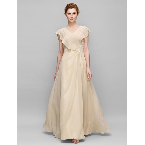 

Sheath / Column Mother of the Bride Dress Plus Size Elegant V Neck Floor Length Chiffon Sleeveless with Criss Cross Appliques 2022