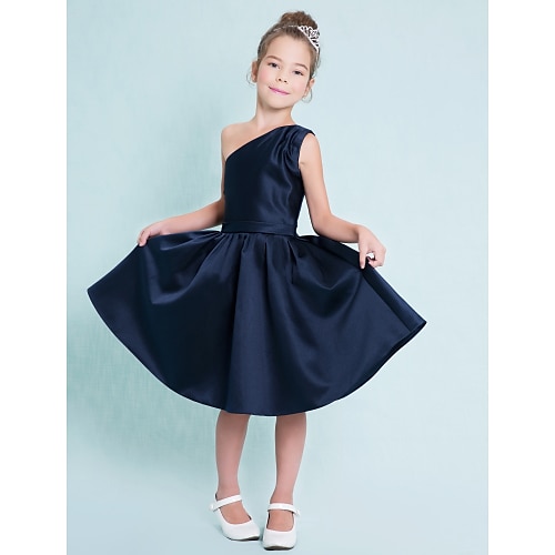 

A-Line Knee Length One Shoulder Satin Junior Bridesmaid Dresses&Gowns With Sash / Ribbon Wedding Party Dresses 4-16 Year