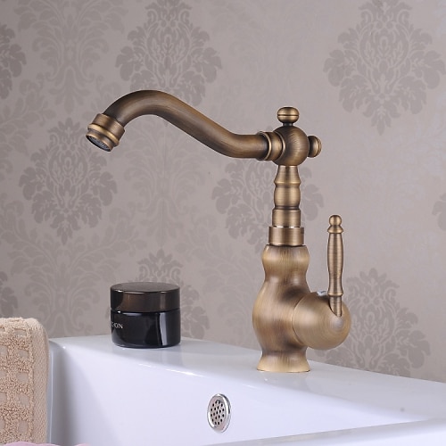 

Antique Brass Bathroom Sink Faucet,Single Handle One Hole Traditional Bath Taps with Hot and Cold Water and Ceramic Valve