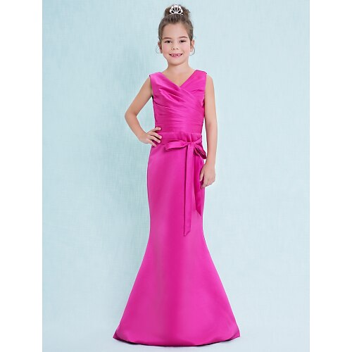 

Mermaid / Trumpet Floor Length V Neck Satin Junior Bridesmaid Dresses&Gowns With Criss Cross Wedding Party Dresses 4-16 Year