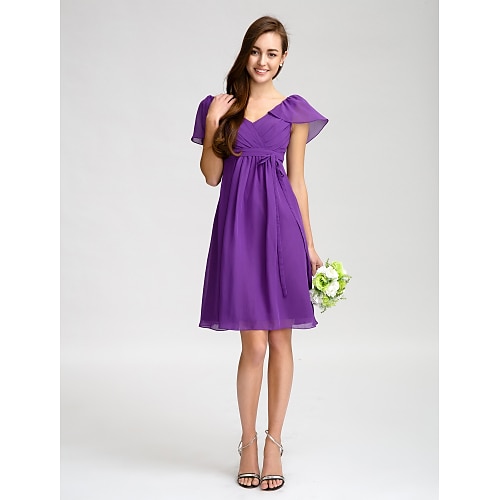 

Sheath / Column Bridesmaid Dress V Neck Short Sleeve Knee Length Chiffon with Sash / Ribbon / Bow(s) / Criss Cross 2022