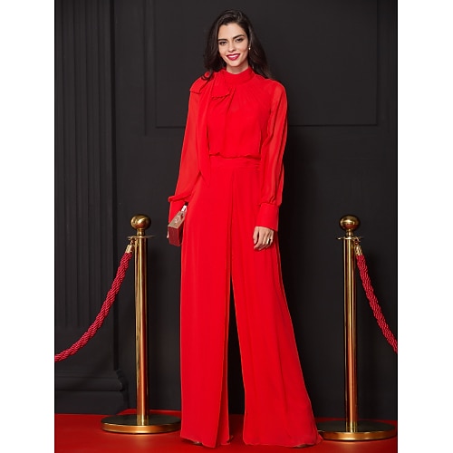 

Jumpsuits Sheath / Column Celebrity Style Dress Prom Floor Length Long Sleeve High Neck Chiffon with Bow(s) Pleats Draping 2022