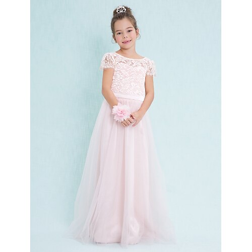 

A-Line Floor Length Scoop Neck Lace Junior Bridesmaid Dresses&Gowns With Lace Wedding Party Dresses 4-16 Year