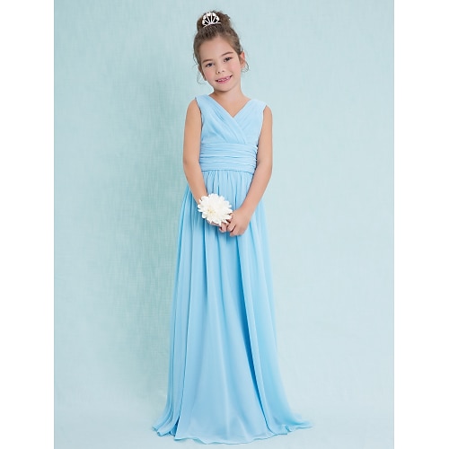 

Sheath / Column Floor Length V Neck Chiffon Junior Bridesmaid Dresses&Gowns With Criss Cross Wedding Party Dresses 4-16 Year