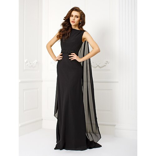 

Sheath / Column Elegant Dress Holiday Watteau Train Sleeveless Bateau Neck Chiffon with Sash / Ribbon Beading 2022 / Cocktail Party / Formal Evening