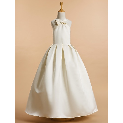 

Wedding First Communion A-Line Flower Girl Dresses V Neck Ankle Length Satin Spring Summer with Bow(s) Cute Girls' Party Dress Fit 3-16 Years