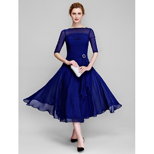 

A-Line Mother of the Bride Dress Plus Size Elegant Bateau Neck Tea Length Chiffon Half Sleeve with Ruched 2022 / Illusion Sleeve