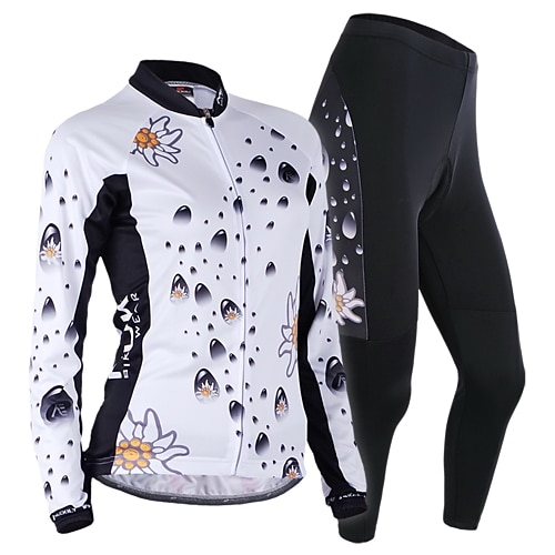 

Nuckily Women's Long Sleeve Cycling Jersey with Tights White Black Floral Botanical Bike Clothing Suit Thermal / Warm Windproof Fleece Lining Breathable Anatomic Design Winter Sports Polyester Spandex