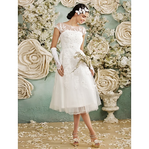 

A-Line Wedding Dresses Scoop Neck Tea Length Lace Over Tulle Cap Sleeve Vintage Little White Dress Illusion Detail 1950s with Appliques 2022