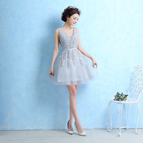A-Line Lace Up Cocktail Party Dress V Neck Sleeveless Short / Mini Lace with Sash / Ribbon Beading 2022