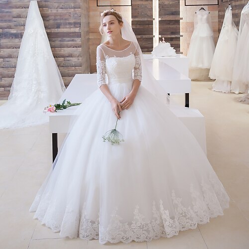 Ball Gown Wedding Dresses Jewel Neck Floor Length Lace Over Tulle 3/4 Length Sleeve Formal Casual See-Through Backless Illusion Sleeve with Sash / Ribbon Appliques 2020
