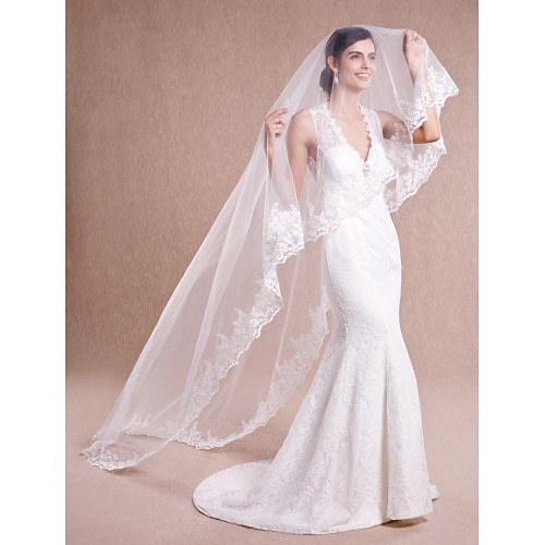 Tulip Bridal Ivory Elbow Wedding Veil with Rhinestone Applique V048