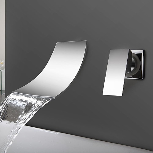 

Bathroom Sink Faucet Waterfall Chrome Wall Mounted Single Handle Two Holes Bath Taps with Cold and Hot Water