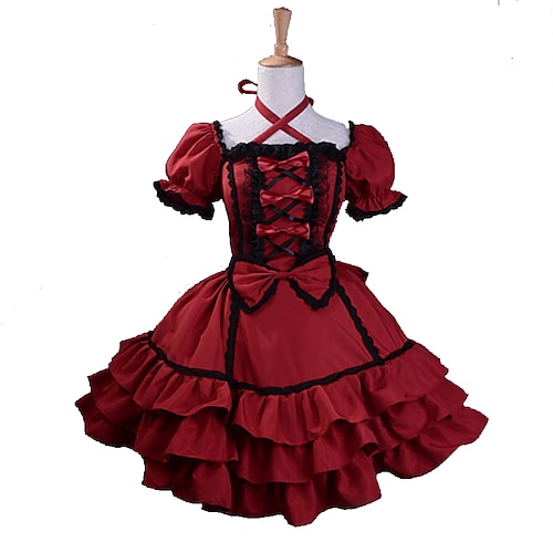 

Princess Gothic Lolita Plus Size Vacation Dress Dress Women's Girls' Cotton Japanese Cosplay Costumes Plus Size Customized Red Ball Gown Patchwork Puff Balloon Sleeve Short Sleeve Mini