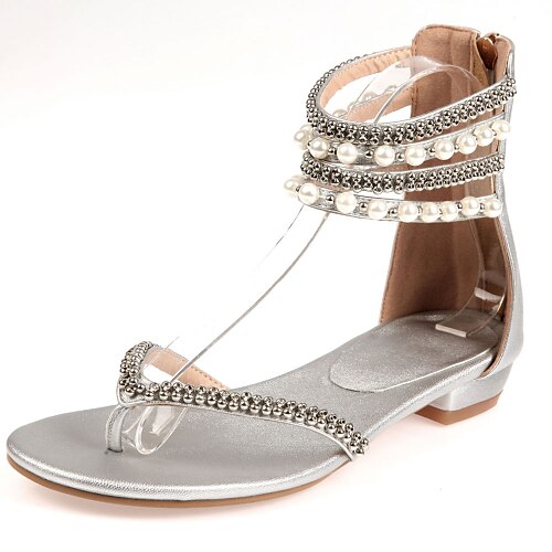 Women's Flat Heel Sandals Leatherette Low Heel Pearl Black / Silver / Party & Evening / Party & Evening
