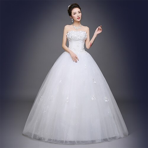 Ball Gown Strapless Floor Length Satin / Tulle Made-To-Measure Wedding Dresses with Appliques by