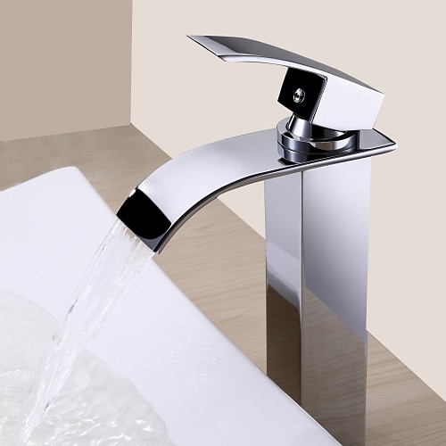 robinete de chiuvetă cu stropire din cupru, robinet cu un orificiu cascadă cu finisaj cromat argintiu cu comutator cald și rece