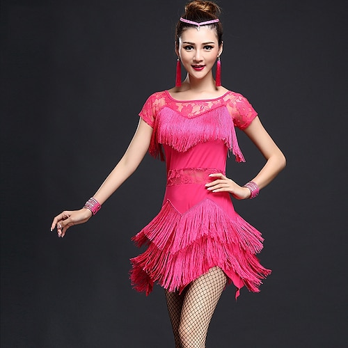 

Latin Dance Dress Lace Tassel Women's Performance Short Sleeves High Nylon Chinlon