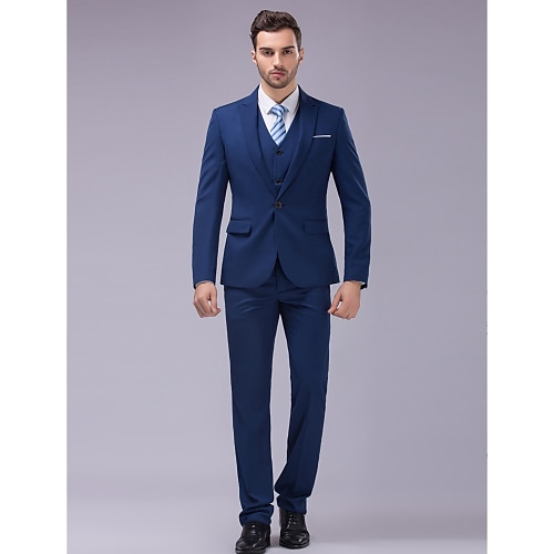 ブルー 男性用 ビジネス、式典、結婚式 スーツ 3 pcs 純色 スリムフィット シングルブレスト 一つボタン 2022