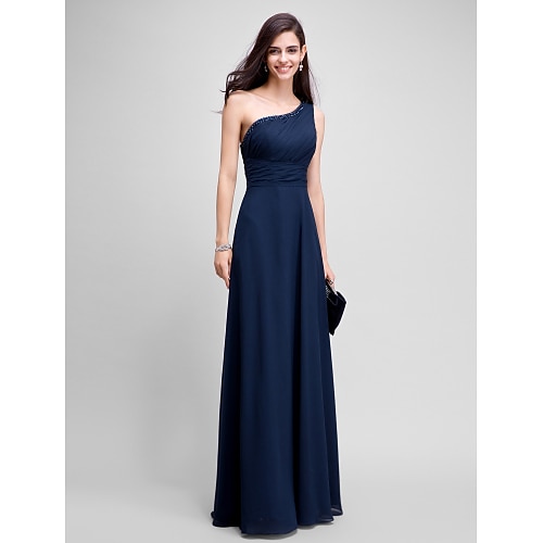 

Sheath / Column Empire Wedding Guest Formal Evening Dress One Shoulder Sleeveless Floor Length Chiffon with Ruched Beading 2022