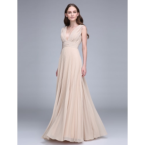 

Sheath / Column Bridesmaid Dress V Neck Sleeveless Elegant Floor Length Chiffon with Ruched / Draping 2022