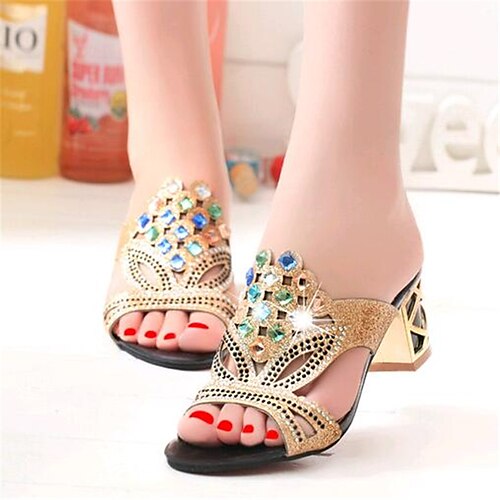 Women's Glitter Crystal Sequined Jeweled Outdoor Summer Crystal Chunky Heel Leatherette Black Golden Royal Blue