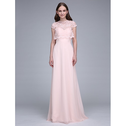 

Sheath / Column Bridesmaid Dress Sweetheart Neckline Short Sleeve Convertible Dress Sweep / Brush Train Chiffon with Lace 2022