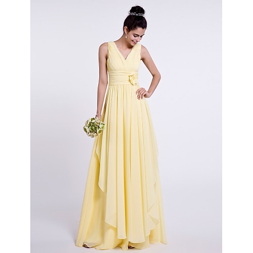 

Sheath / Column Bridesmaid Dress V Neck Sleeveless Floral Floor Length Chiffon with Criss Cross / Side Draping / Flower 2022