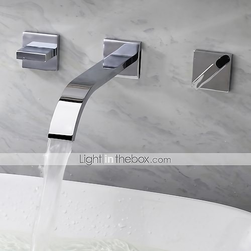 Wall Mounted Bathroom Sink FaucetSilvery Widespread Chrome Two Handles Three Holes Bath Taps with Hot and Cold Water