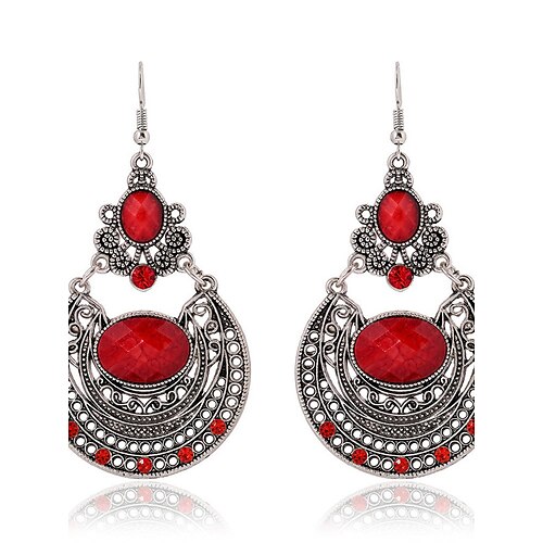 New Arrival Ethnic Style Long Dangle Earrings Vintage Red Rhinestone Hollow Carved Bohemian Earrings Women Jewelry