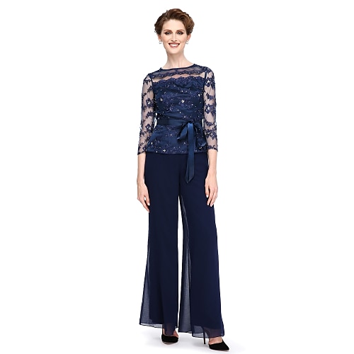 

Pantsuit Mother of the Bride Dress Elegant See Through Bateau Neck Ankle Length Chiffon Beaded Lace 3/4 Length Sleeve with Bow(s) 2022 / Illusion Sleeve