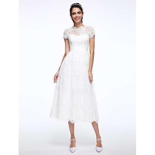 

A-Line Wedding Dresses Jewel Neck Tea Length Lace Short Sleeve Simple Casual Illusion Detail Backless with Appliques 2022