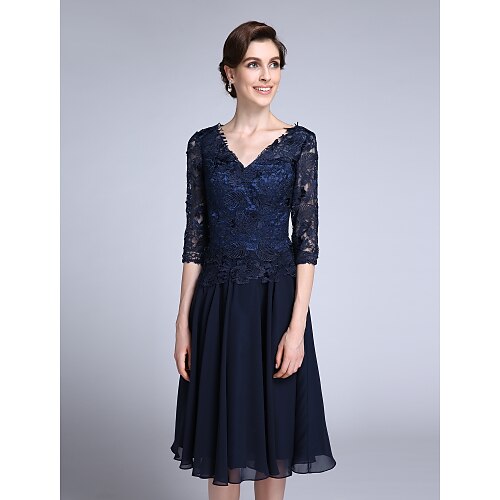 

Sheath / Column Mother of the Bride Dress Elegant V Neck Knee Length Chiffon Sheer Lace Half Sleeve with Lace 2022