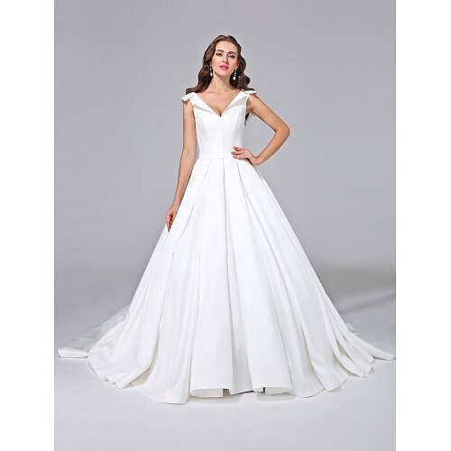 

A-Line Wedding Dresses V Neck Court Train Satin Cap Sleeve Simple Vintage Plus Size Modern Elegant with Button 2022