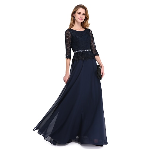 

A-Line Mother of the Bride Dress Elegant Jewel Neck Floor Length Chiffon Lace Bodice 3/4 Length Sleeve with Sash / Ribbon Beading 2022 / Illusion Sleeve