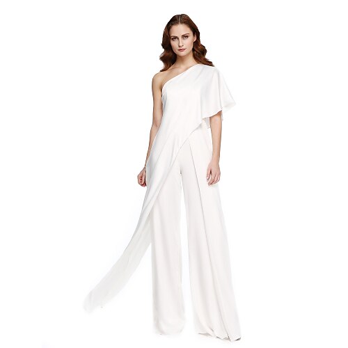 

Tute Bianco Vestito Invitati del matrimonio Lungo Senza maniche Monospalla Chiffon con Drappeggio 2023