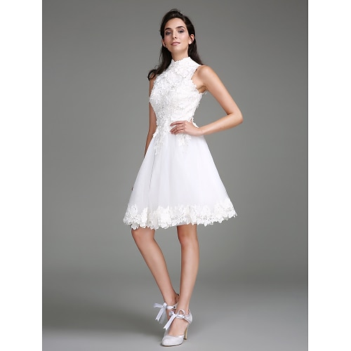 

A-Line Wedding Dresses High Neck Knee Length Lace Regular Straps Little White Dress with Lace 2022