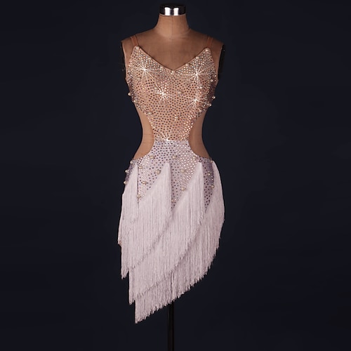 

Latin Dance Dress Tassel Crystals / Rhinestones Women's Performance Sleeveless Natural Spandex